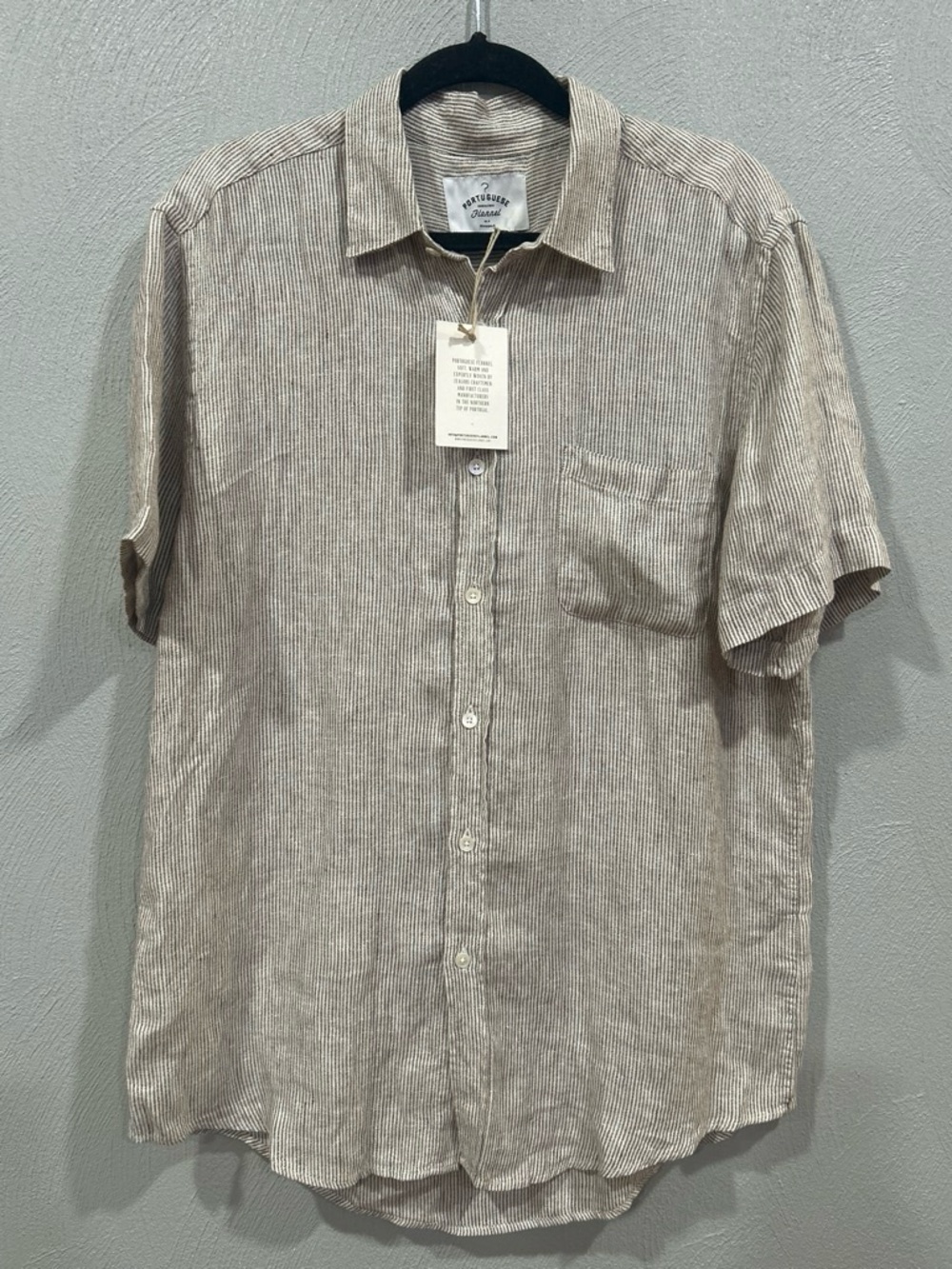 NWT Portuguese Flannel in Beige-White Stripe 100% Linen Button Down Large